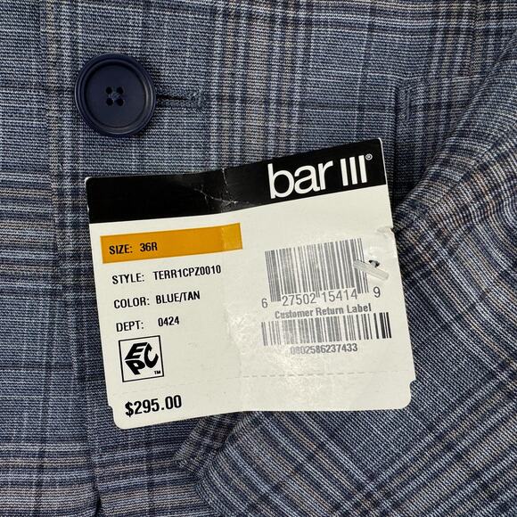Bar III Mens Slim Fit Knit Stretch Plaid Sport Coat Blue Tan 36R - Picture 3 of 5
